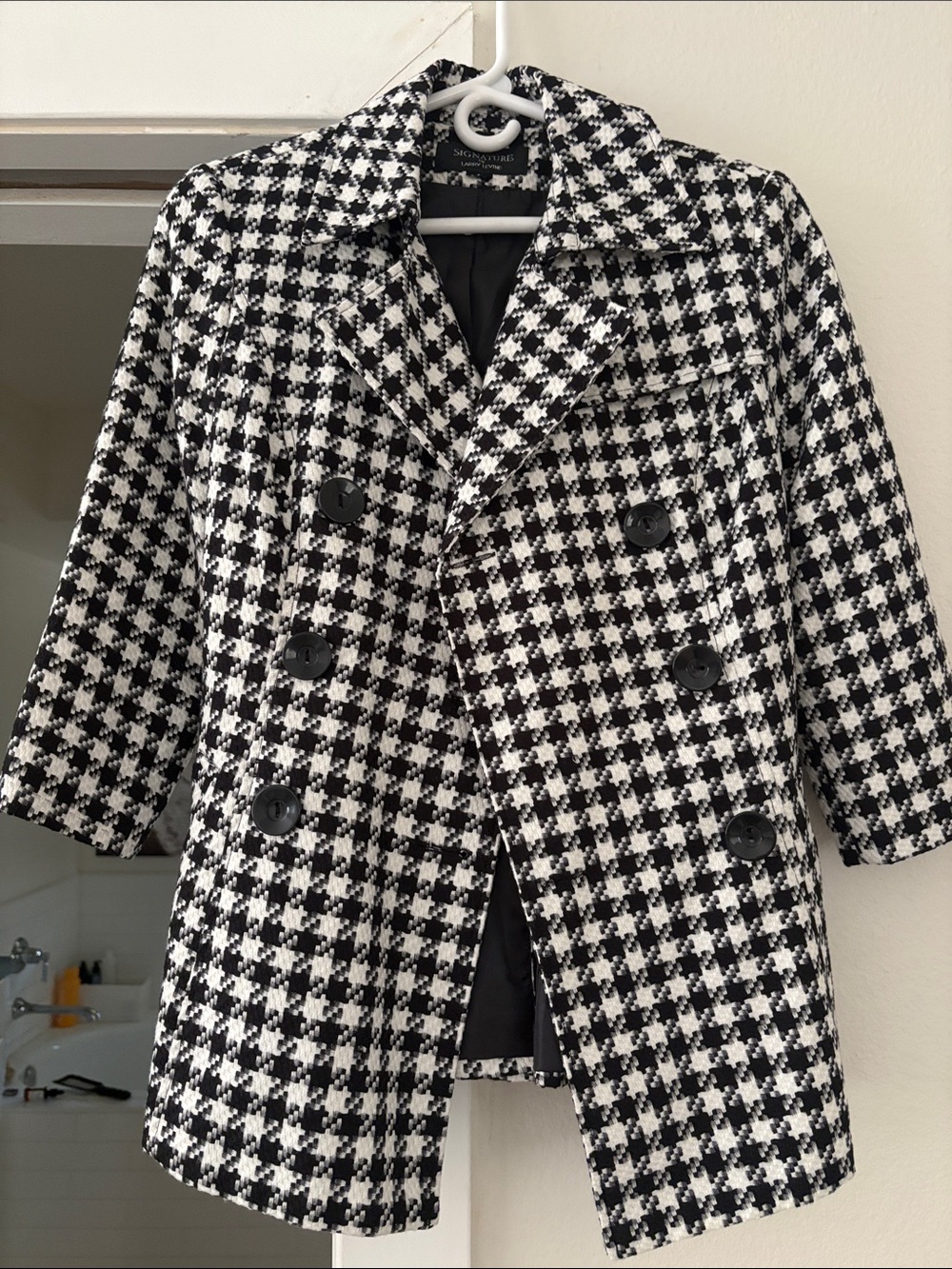 Signature by Larry Levine Black & White Houndstooth Double-Breasted Pea Coat